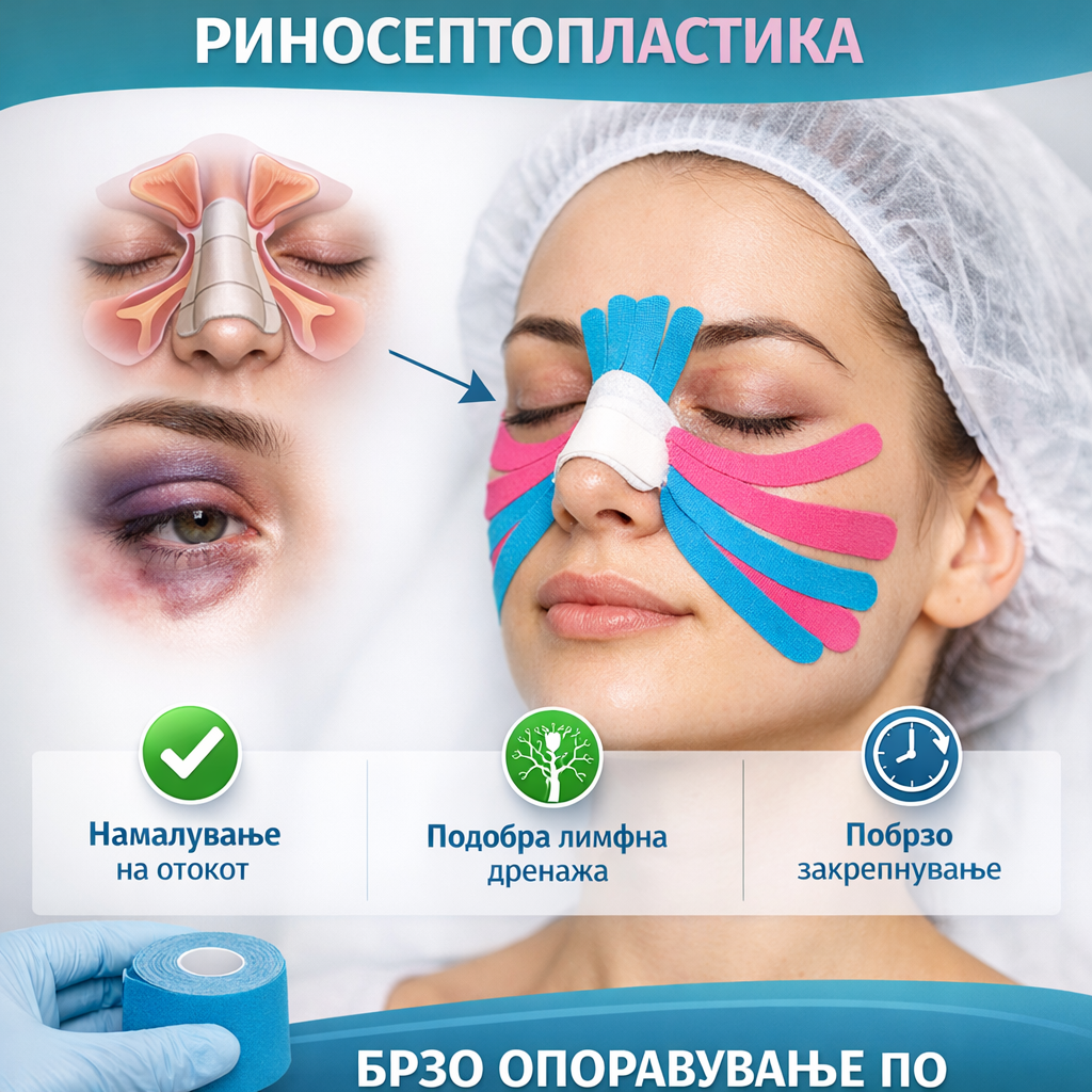 Кинезиотејпинг на лице после Риносептопластика – улога во намалување на оток и побрзо закрепнување