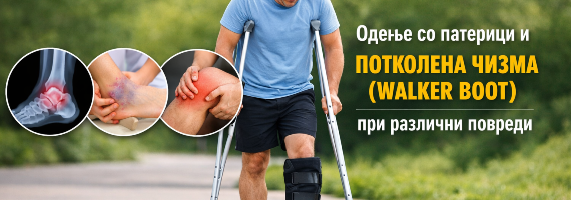 Одење со патерици и потколена чизма (Walker Boot) при различни повреди