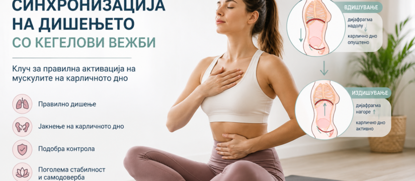 Жена изведува Кегелови вежби со правилно дијафрагмално дишење под надзор на физиотерапевт за карлично дно.